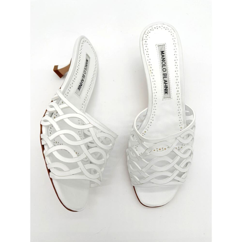 Manolo Blahnik Bensa White Leather Laser Cut Low Heel Slides Mules Sandals IT 35